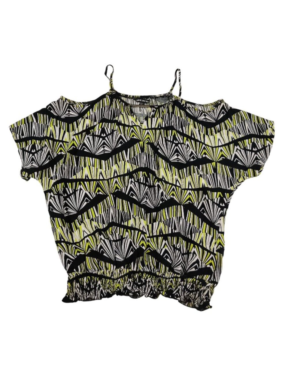 Unique Spectrum Cold Shoulder Top L Black Green Geometric Neon Y2K Boho Indie